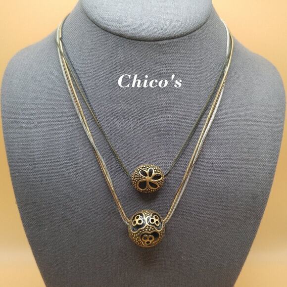 Chico’s Layered Pendant Necklace Black Enamel Beads Multistrand Chains - Picture 1 of 10
